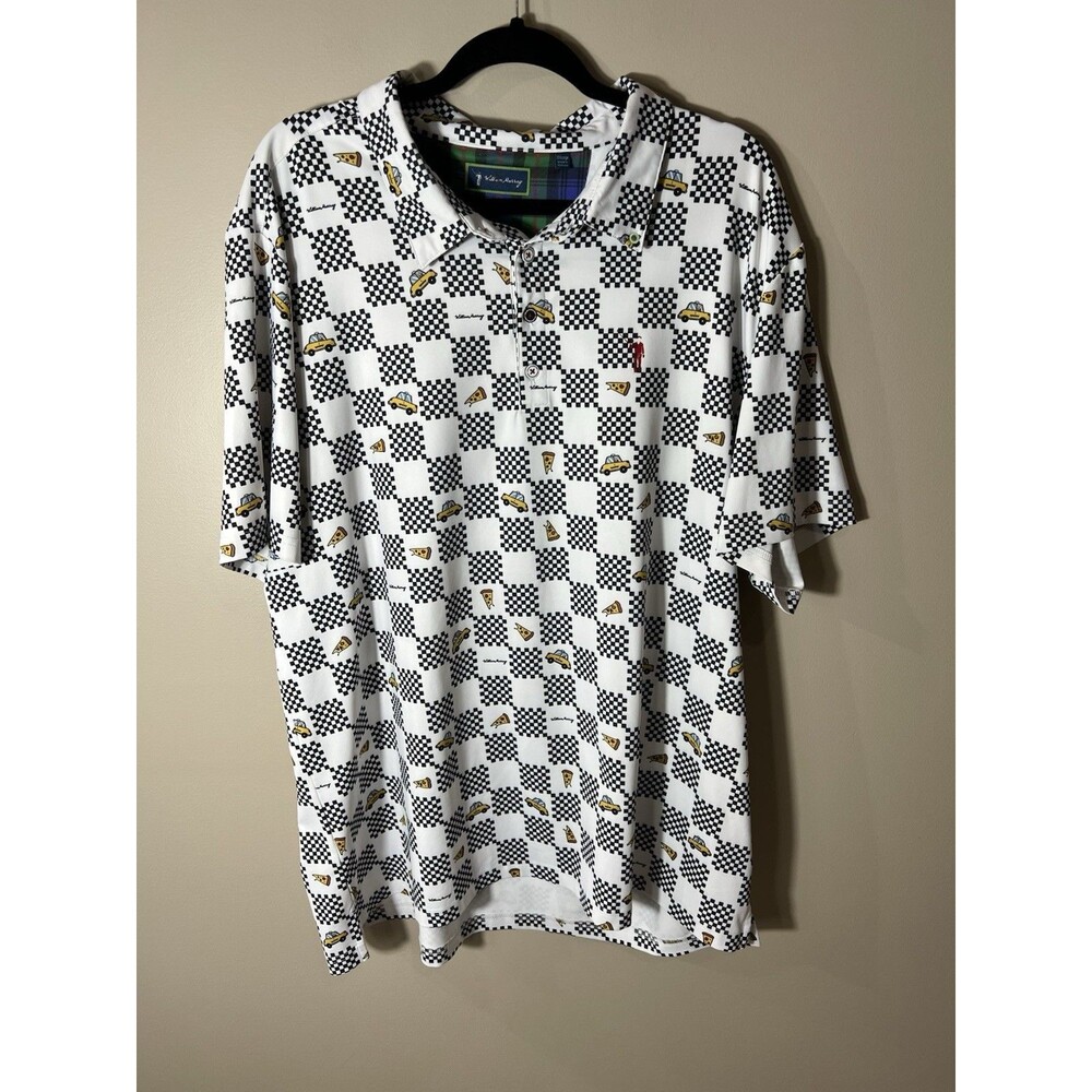 William Murray Polo Shirt Mens XXL NYC Taxi Cab Pizza Checkered Golf Stretch